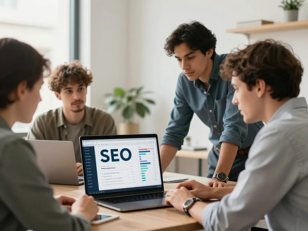 Équipe d'experts d'une agence digitale à Perpignan analysant un audit SEO sur ordinateur dans un bureau lumineux.