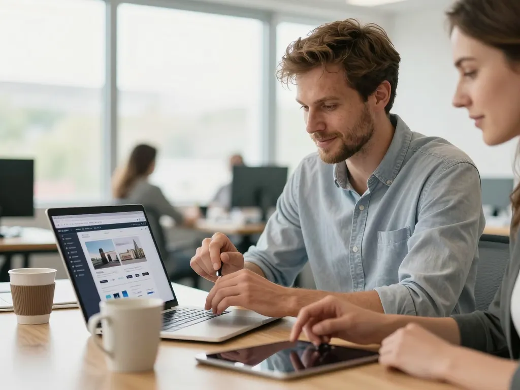 Un entrepreneur local et un client discutant de la création d'un site internet sur mesure devant un ordinateur portable dans un bureau moderne.