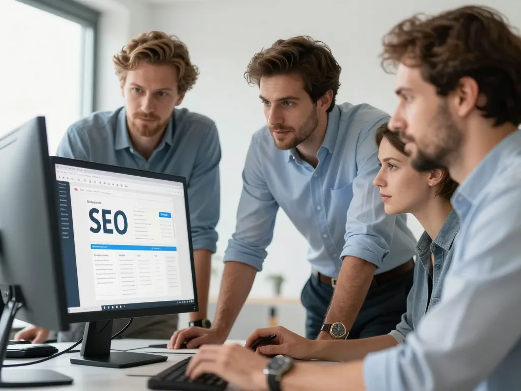 Équipe d'experts d'une agence web à Saint-Estève travaillant ensemble sur un projet de visibilité locale dans un bureau moderne.