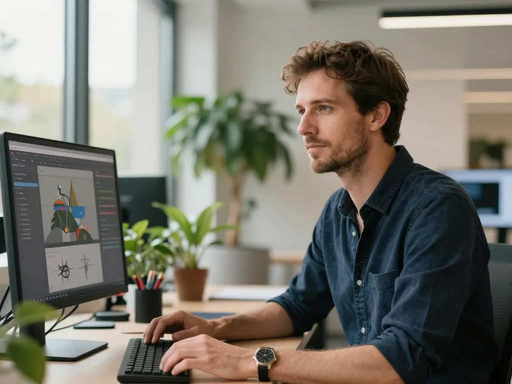 Arnaud, directeur de création expert en webdesign et UX/UI, dans son studio de design graphique à Perpignan.