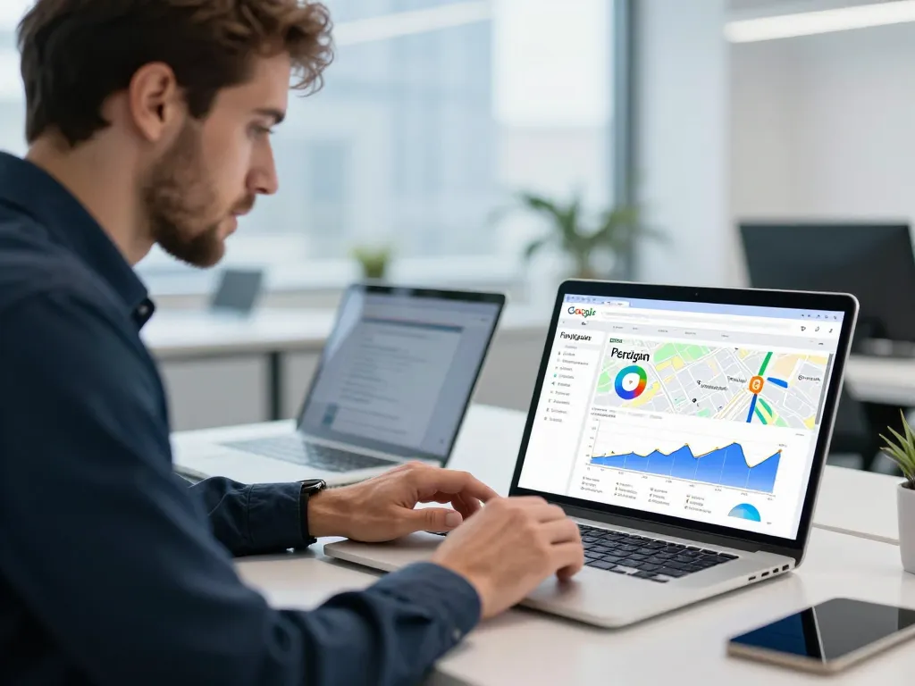 Expert en référencement local analysant un audit technique et la visibilité Google Maps à Perpignan sur des écrans numériques.