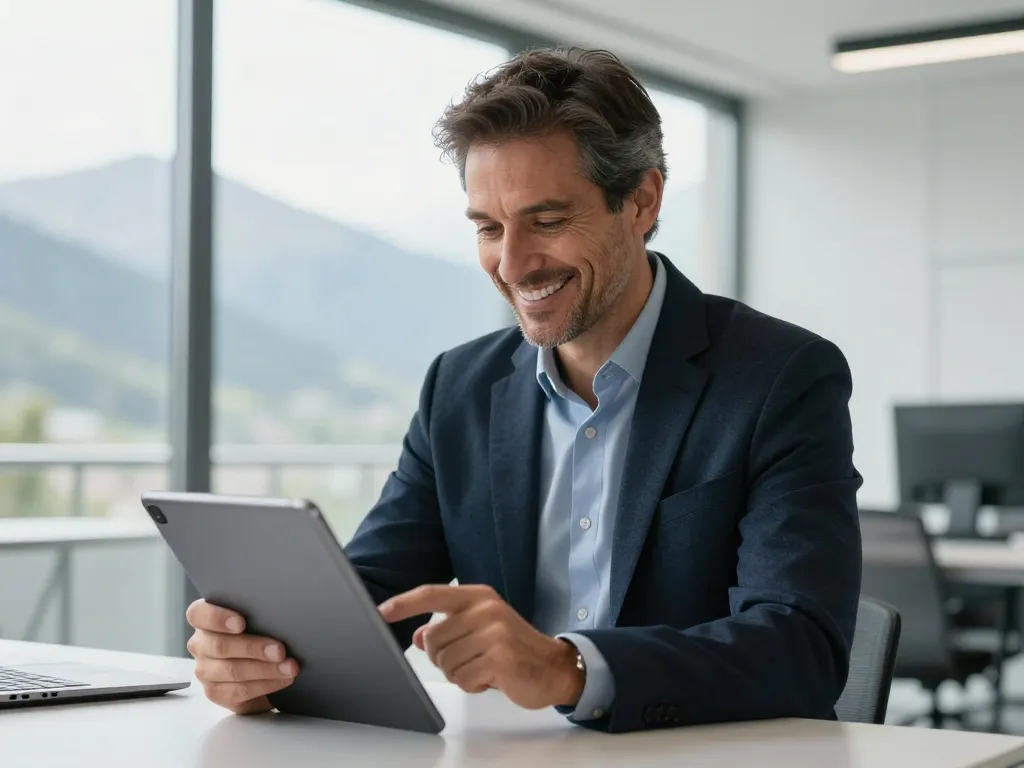 Client souriant utilisant une tablette numérique dans un bureau moderne à Saint-Esteve.