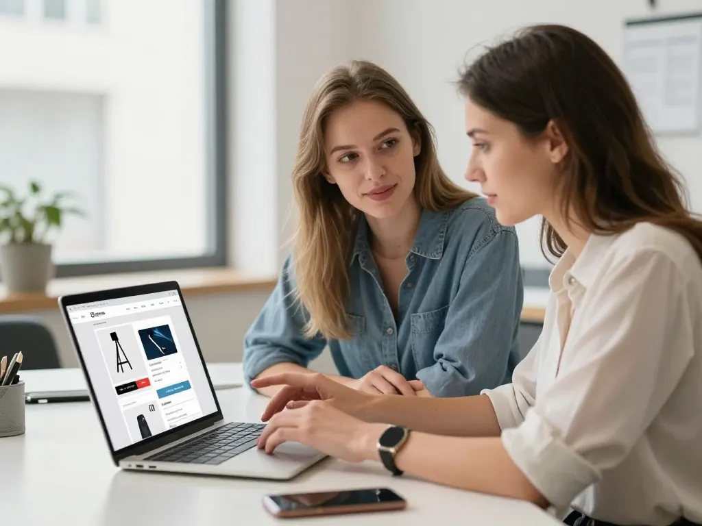 Couple d'entrepreneurs souriants utilisant un ordinateur pour gérer leur boutique en ligne dans une agence web.