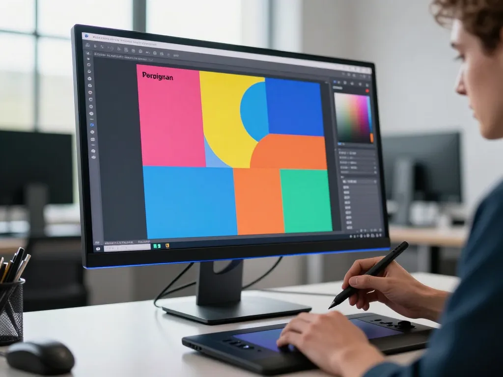 Graphiste professionnel en plein travail de création d'une charte graphique et d'une identité visuelle sur un écran haute définition dans un bureau moderne.