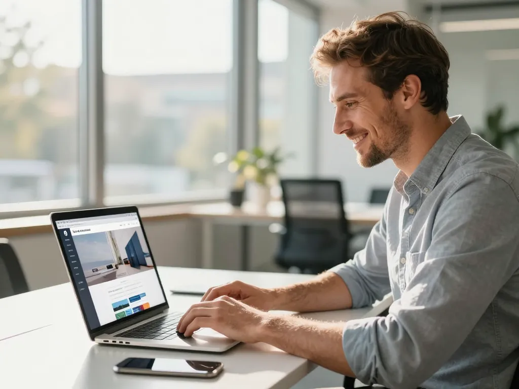 Entrepreneur souriant devant son ordinateur portable affichant un design web moderne dans un bureau lumineux à Perpignan.