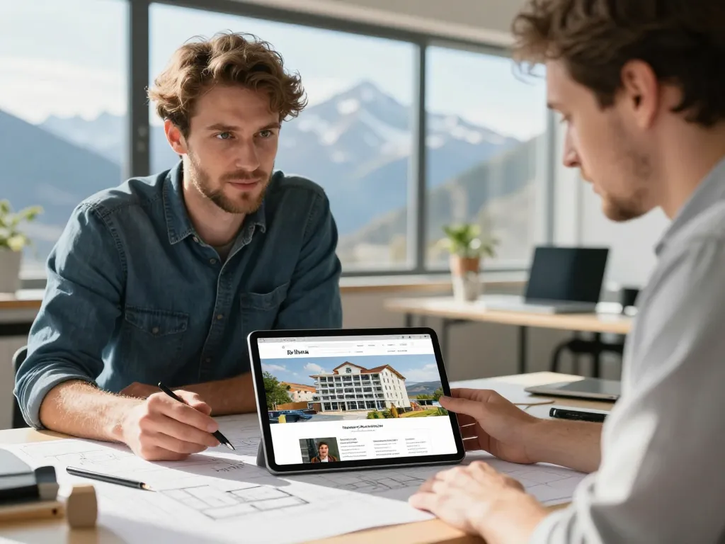 Un artisan du bâtiment et un expert web collaborent sur un projet de site internet à Saint-Estève dans les Pyrénées-Orientales.