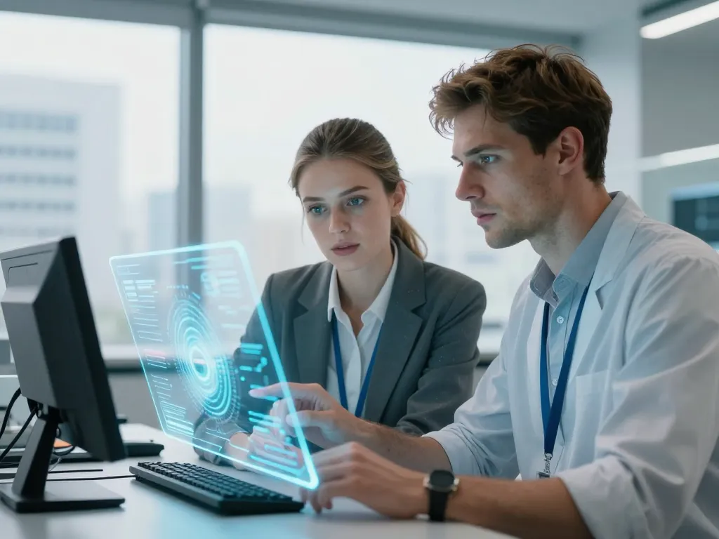 David et Sarah travaillant ensemble sur une interface technologique de pointe dans un environnement moderne.