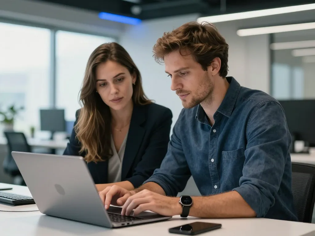 David et Sarah, experts en nouvelles technologies, travaillant ensemble sur un ordinateur dans un bureau moderne et lumineux.