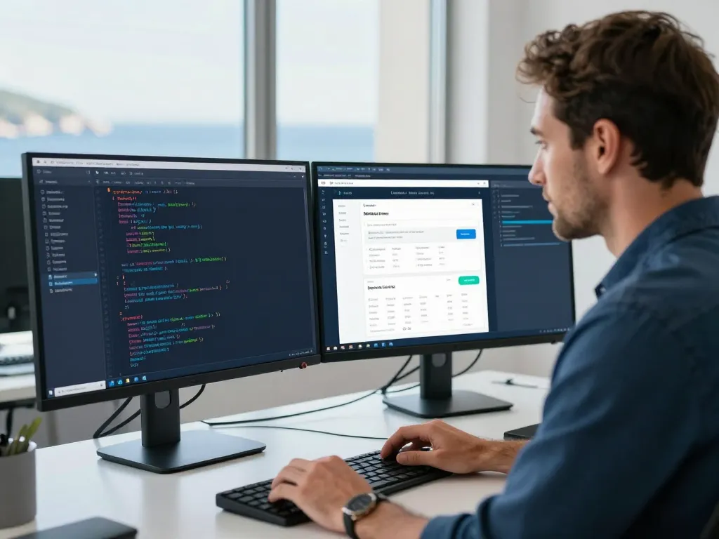 Développeur expert travaillant sur la création d'une boutique en ligne personnalisée dans un bureau moderne à Canet.