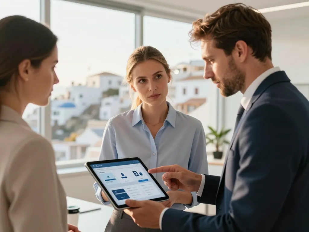 Un entrepreneur et une commerçante locale discutant de solutions numériques sur une tablette dans un bureau moderne et lumineux.