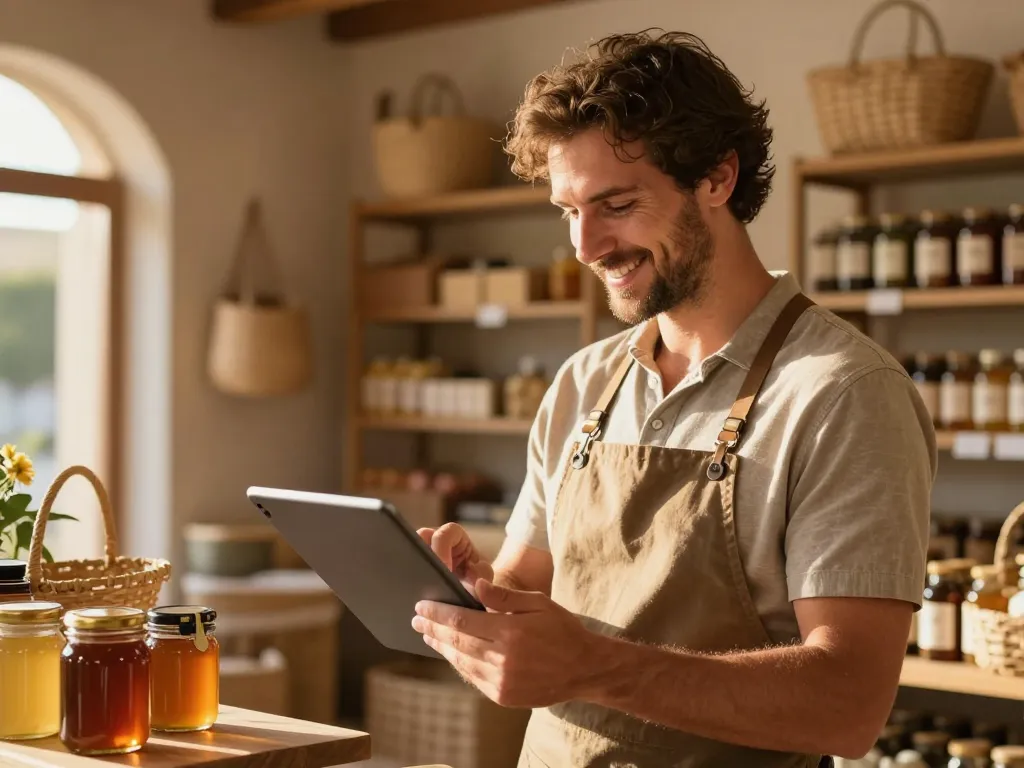 Artisan commerçant du Roussillon gérant sa boutique en ligne sur une tablette numérique au milieu de produits du terroir.