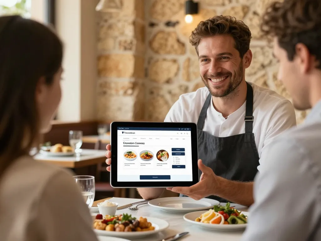 Un restaurateur du Roussillon présentant son interface de vente en ligne sur une tablette numérique à un client dans un cadre moderne et chaleureux.