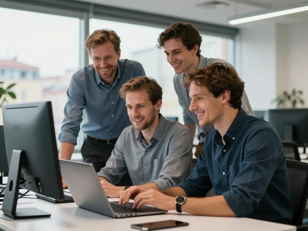 Équipe d'experts d'une agence digitale à Perpignan travaillant ensemble sur un projet de création web dans un bureau lumineux.