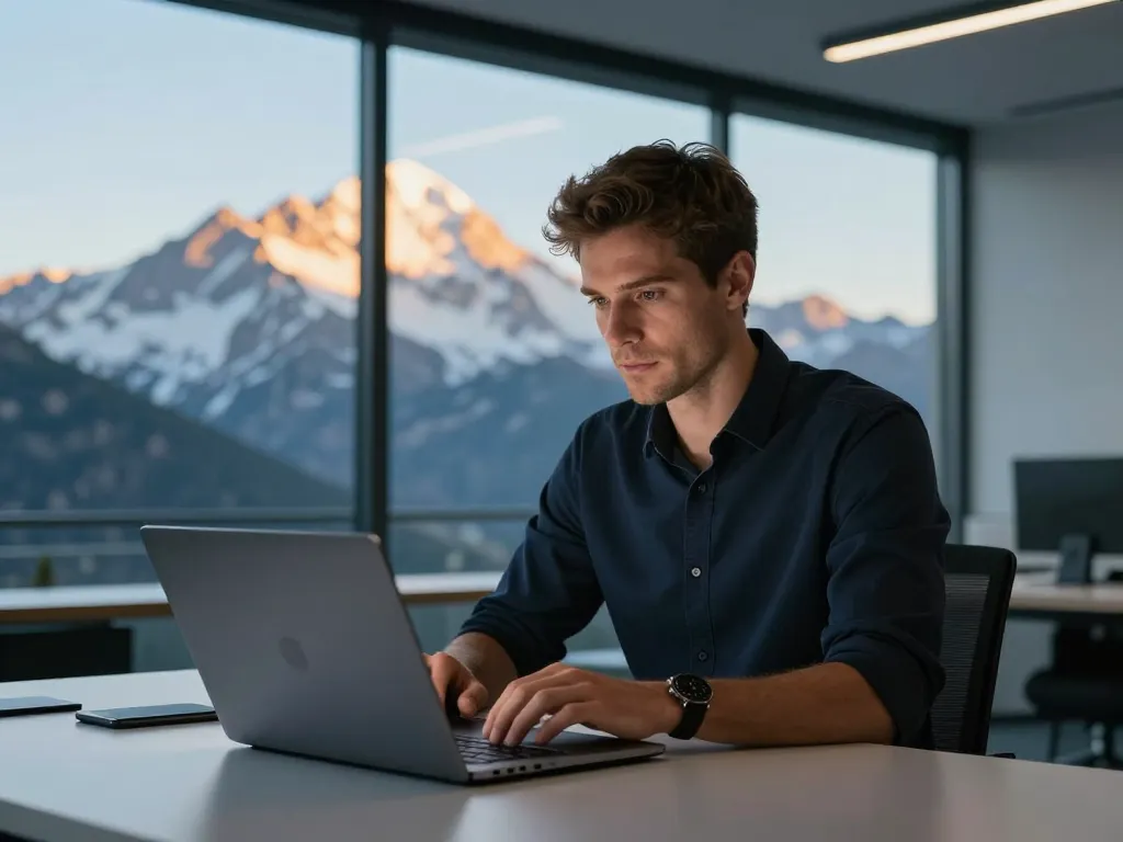 Portrait de Julien, expert en nouvelles technologies, travaillant dans son bureau avec vue sur le mont Canigou.