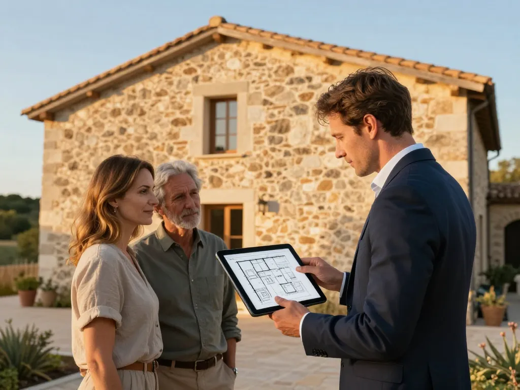 Architecte présentant des plans numériques sur tablette devant la façade en pierre d'un gîte à Céret.