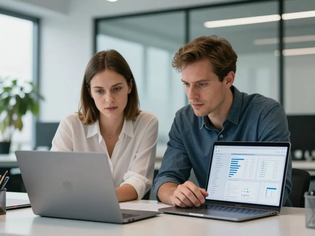 Sarah et Thomas, experts en stratégie digitale, analysant ensemble les résultats d'un audit SEO sur un écran dans un espace de travail moderne.