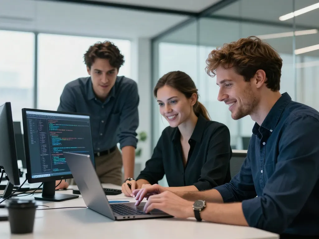 Une équipe de développeurs web souriants et passionnés travaillant ensemble sur un projet numérique dans un bureau moderne et lumineux.