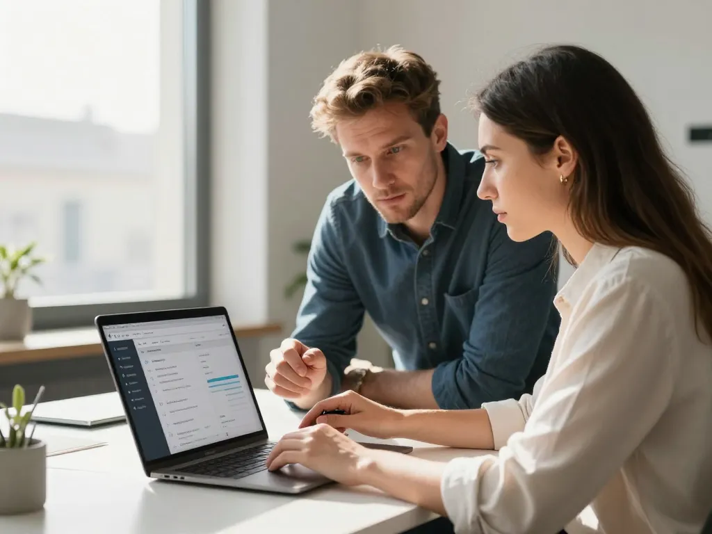 Un expert en informatique forme une chef d'entreprise à la gestion de son site internet dans un bureau moderne à Perpignan.