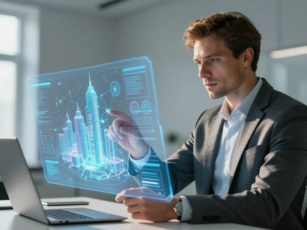 Expert en stratégie digitale analysant une carte holographique interactive et des données d'intelligence artificielle pour le référencement local.