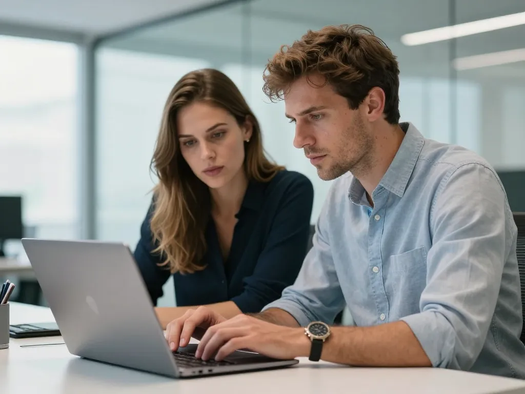 Julie et Marc-Antoine, experts en développement, travaillant en équipe sur une interface WordPress dans un bureau moderne.