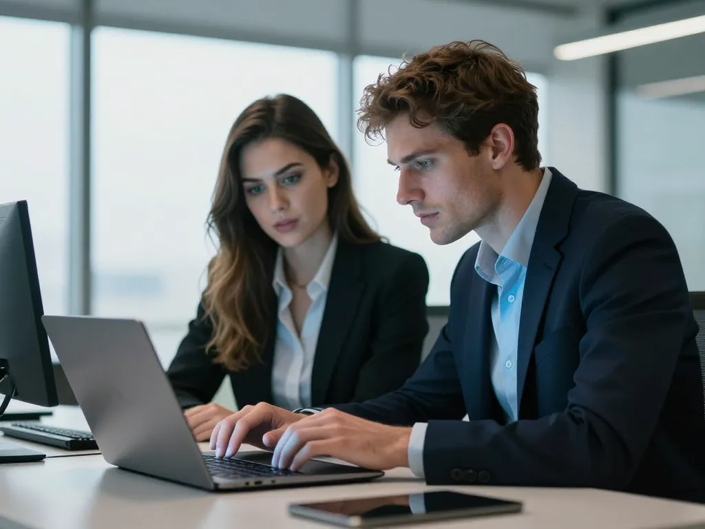 Julien et Émilie collaborant avec professionnalisme devant un ordinateur dans un bureau high-tech moderne.