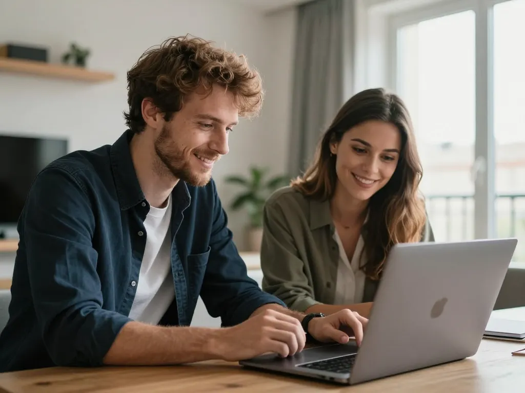 Julien et Émilie travaillent ensemble sur un projet technologique dans un intérieur moderne et lumineux à Perpignan.