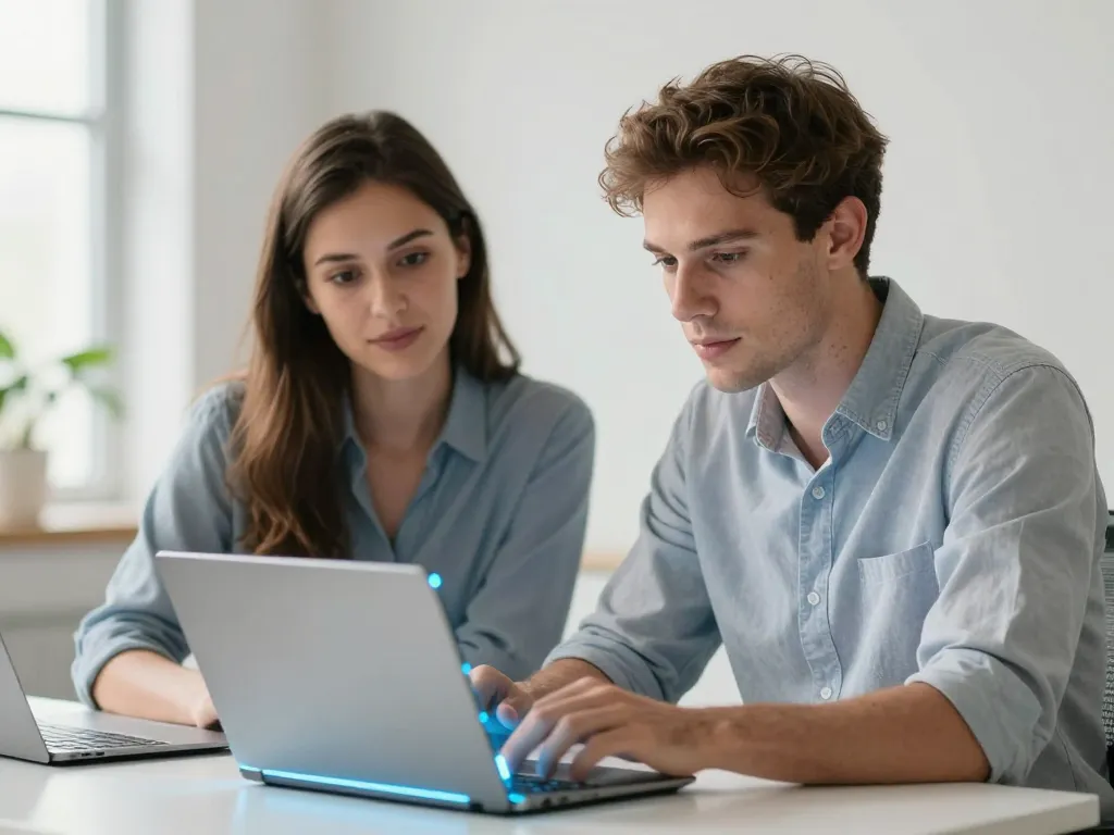 Julien et Sarah en pleine collaboration devant un écran transparent dans un environnement technologique moderne.