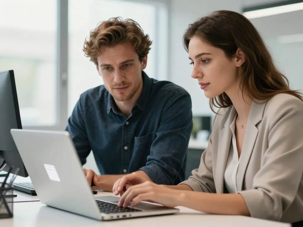 Julien et Sarah, experts en référencement à Perpignan, collaborent sur un ordinateur portable dans un bureau moderne pour optimiser la visibilité web.