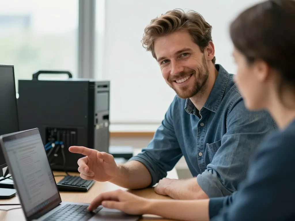 Technicien expert David fournissant un accompagnement technique et des conseils personnalisés à un client dans un bureau moderne.