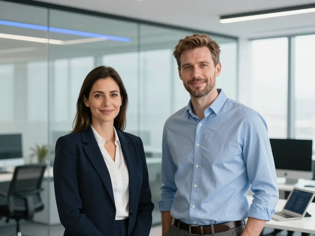 Portrait professionnel de Maria et Thomas souriants dans un environnement de bureau moderne et technologique.