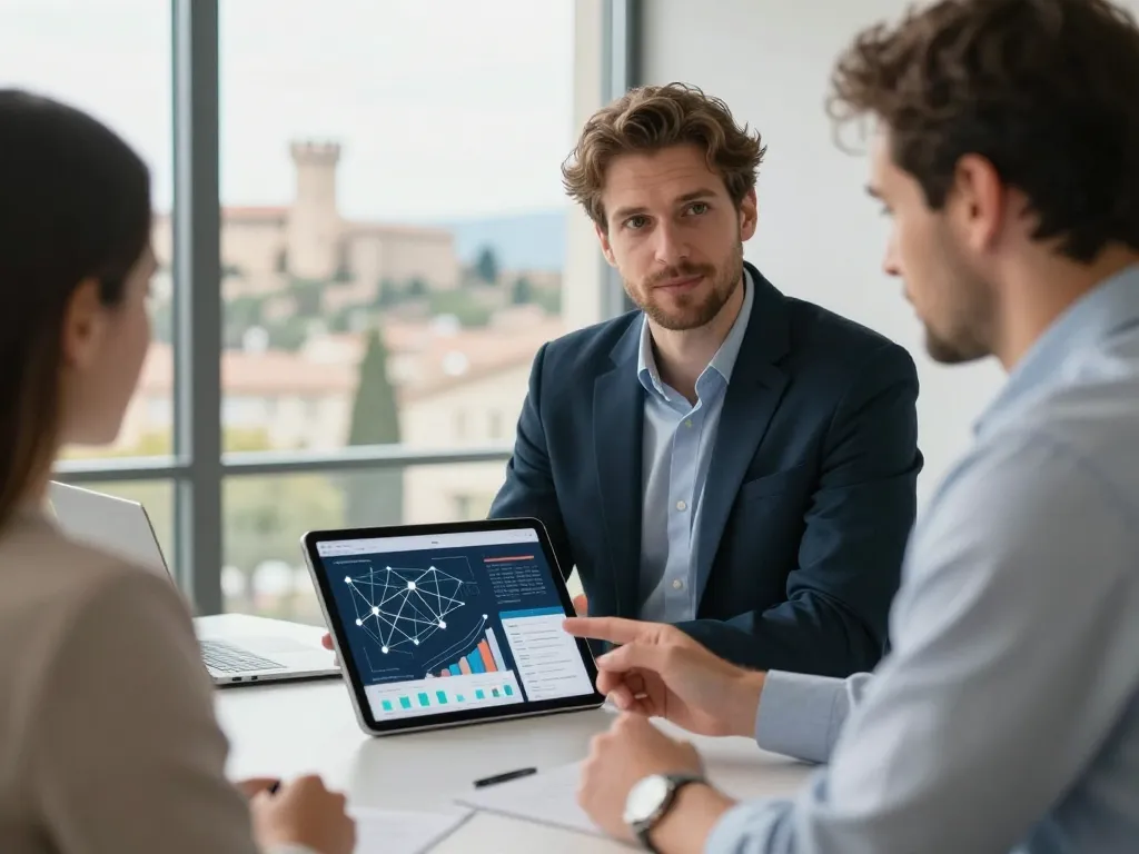 Consultant digital et partenaire d'affaires analysant une stratégie de netlinking et de marketing de contenu pour accroître l'autorité locale à Perpignan.