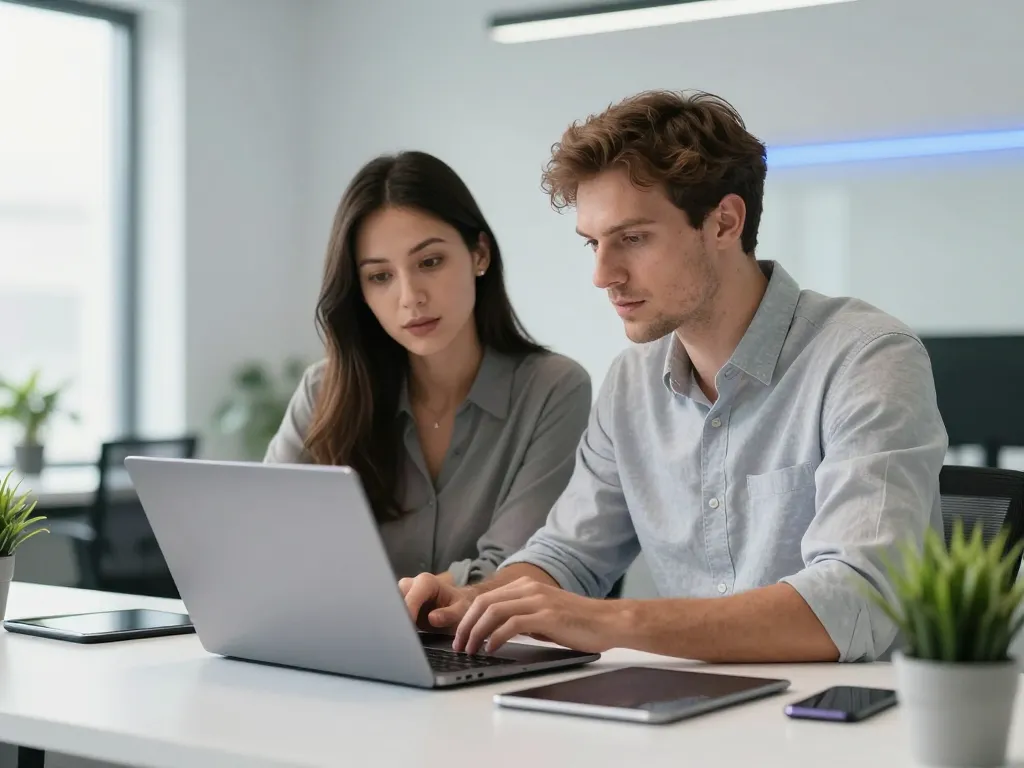 Deux experts du numérique collaborant sur un ordinateur portable dans un bureau moderne pour optimiser un catalogue de produits en ligne.
