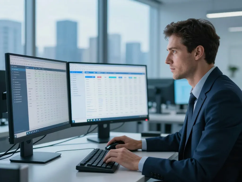 Un professionnel de la gestion de boutique en ligne travaillant sur un large catalogue de produits devant plusieurs écrans haute résolution.