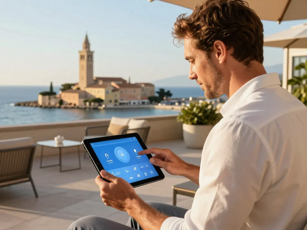 Couple sur une terrasse d'hôtel à Collioure utilisant une interface numérique devant la mer Méditerranée.
