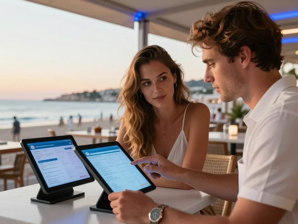 Couple attablé dans un restaurant moderne à Argelès-sur-Mer utilisant des menus numériques tactiles face à la mer.