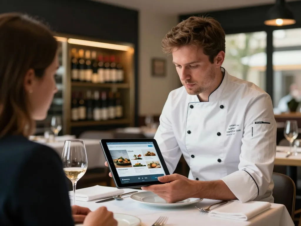 Chef d'un restaurant gastronomique présentant une interface e-commerce sur une tablette numérique à Perpignan.