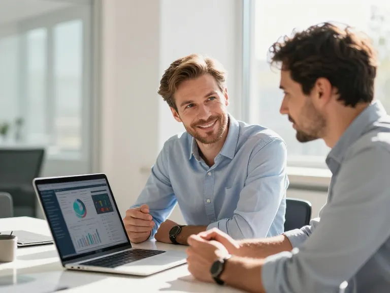 Réunion professionnelle entre un expert en digital et un commerçant dans un bureau ensoleillé pour discuter de la création d'un site web performant.