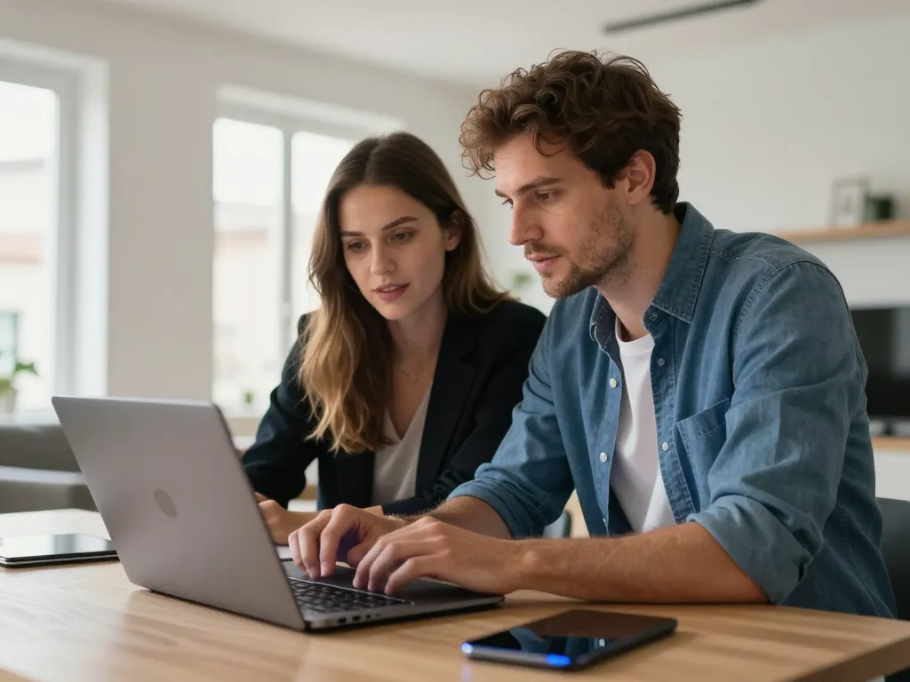 Portrait réaliste de Sarah et Julien collaborant sur des outils numériques dans un bureau moderne de Perpignan.