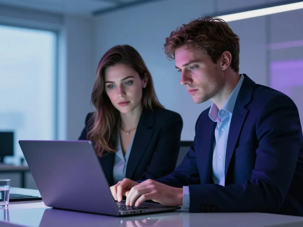 Sarah et Thomas en pleine collaboration devant un écran lumineux dans un bureau au style futuriste et épuré.