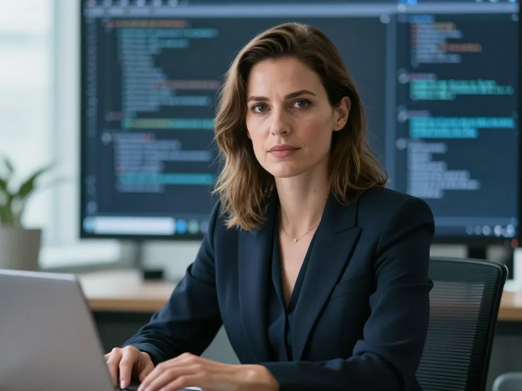 Portrait professionnel de Sophie Martin, membre de l'équipe de création web, souriante dans un bureau moderne de haute technologie.