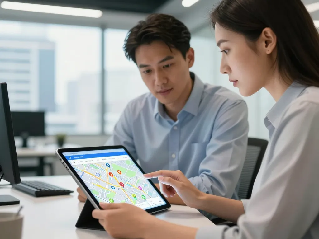 Experts en marketing digital analysant une carte de recherche locale sur tablette dans un bureau moderne pour optimiser le référencement.