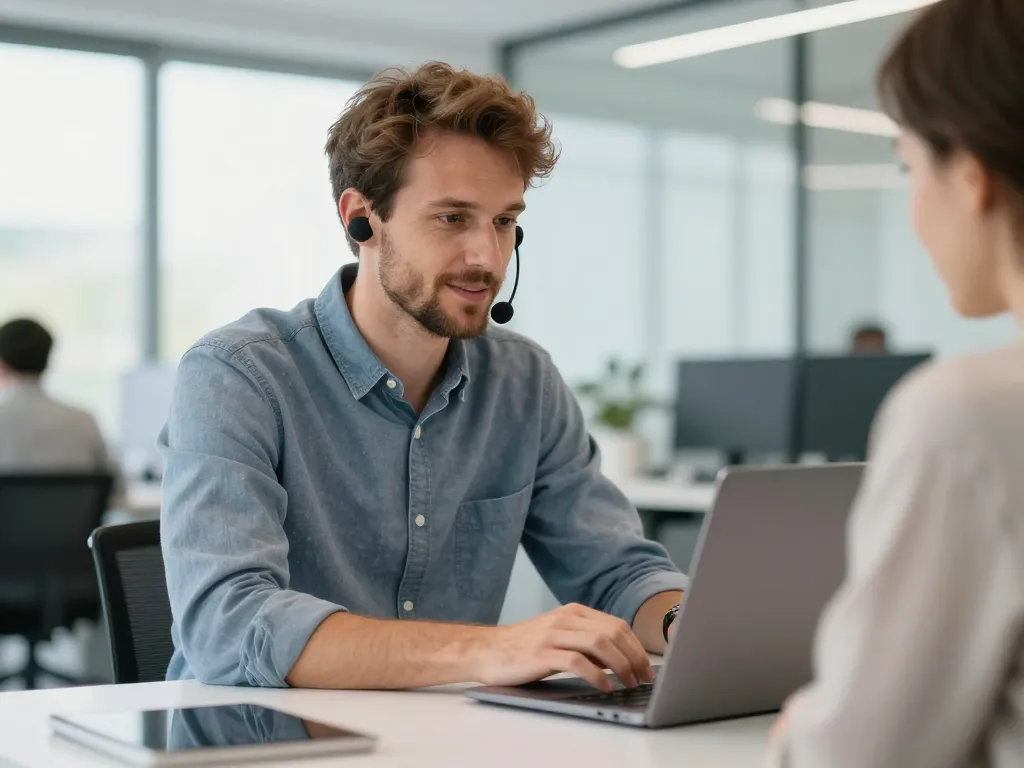 Un technicien informatique professionnel en pleine intervention rapide sur un ordinateur portable dans un espace de travail moderne.