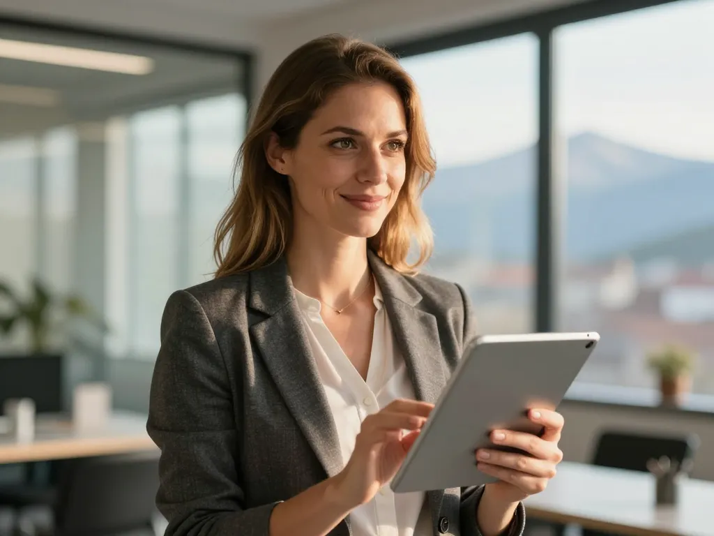 Portrait professionnel d'Émilie R., cliente de proximité en Roussillon, utilisant un appareil technologique dans un bureau lumineux.