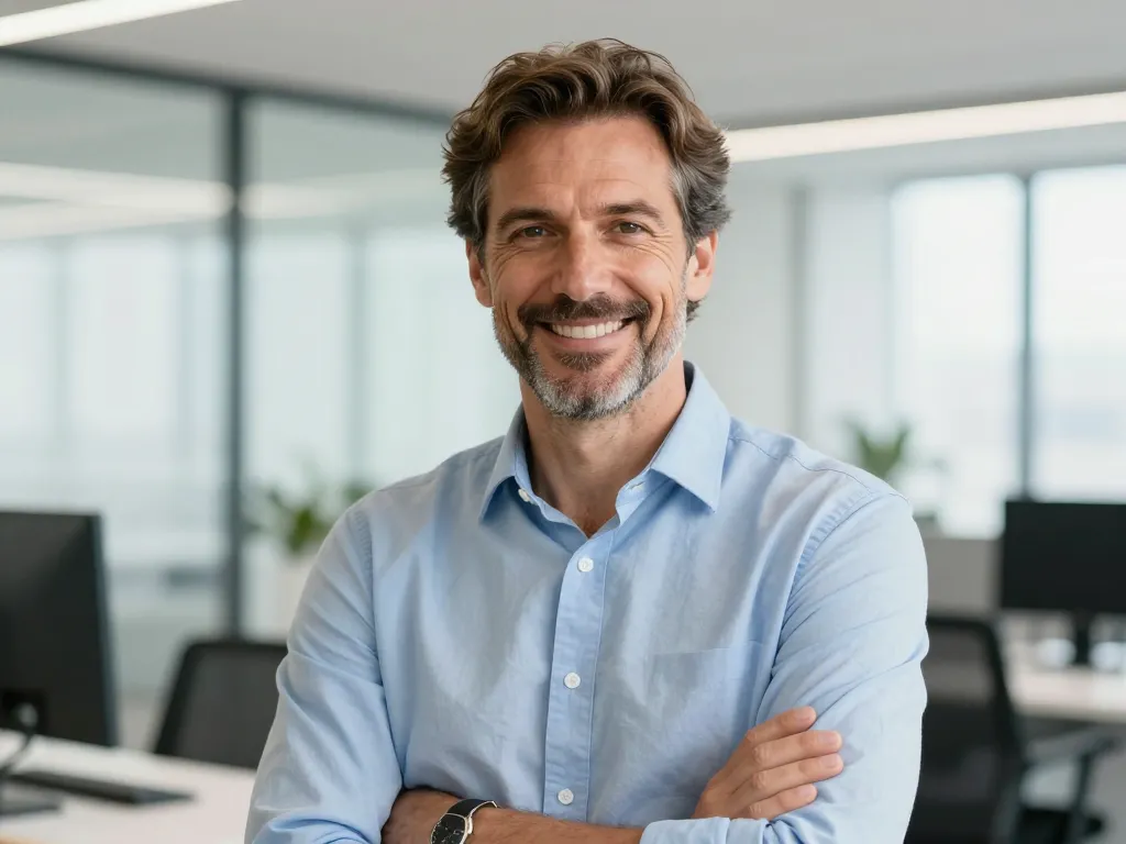 Portrait professionnel de Pierre M. souriant dans un bureau moderne pour la section témoignage client du Roussillon.