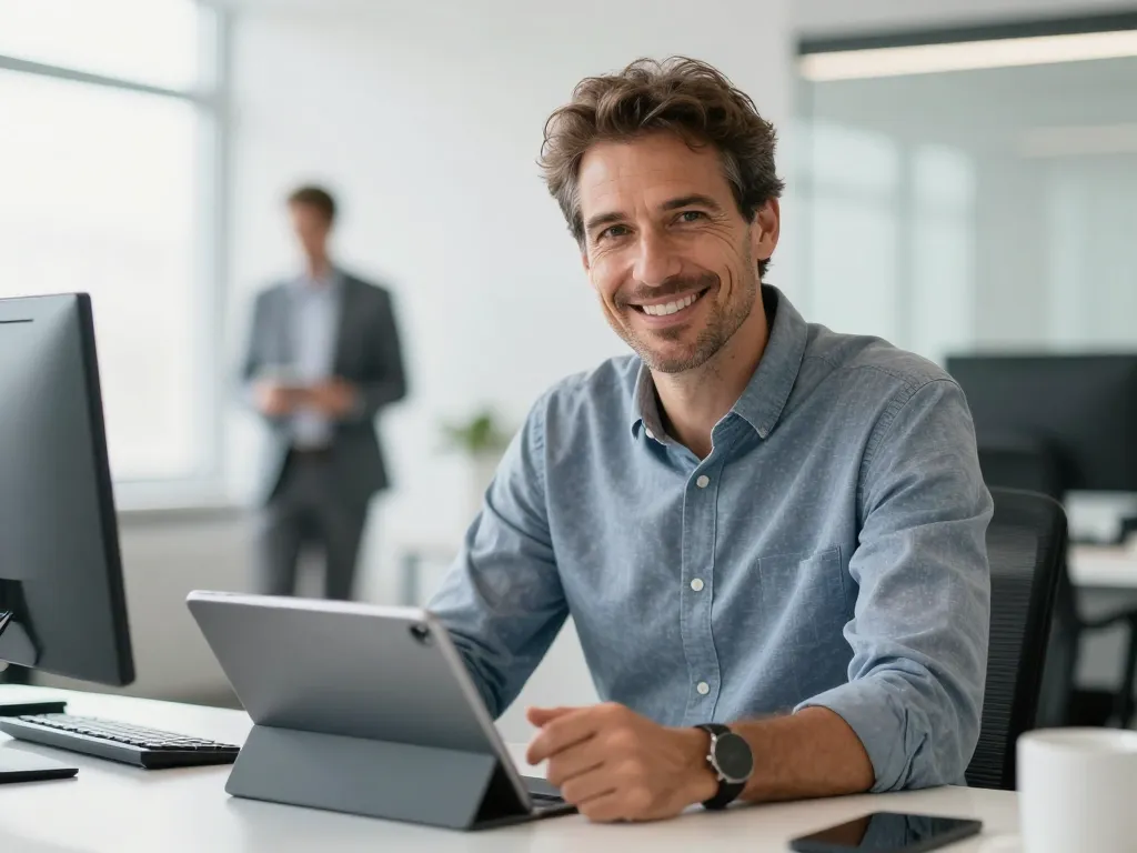 Portrait professionnel de Marc D. souriant dans un bureau technologique moderne situé en Roussillon.