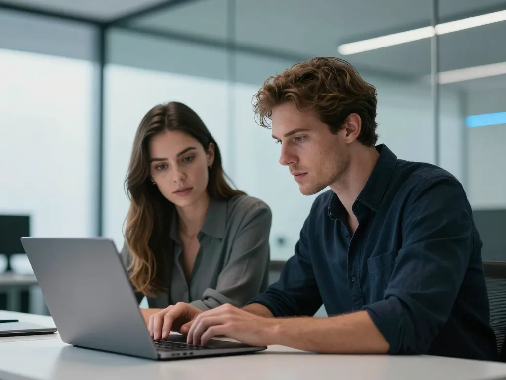 Thomas et Léa en pleine collaboration professionnelle devant un ordinateur dans un bureau moderne au style épuré.