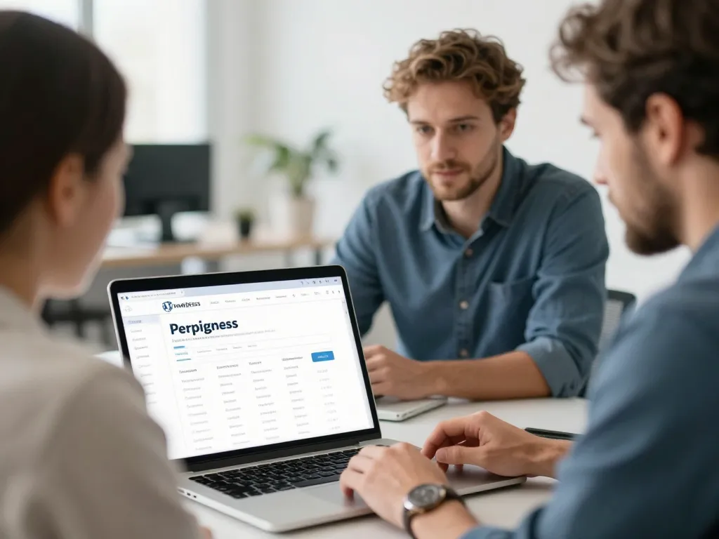Un développeur et son client collaborent autour d'un ordinateur affichant l'interface WordPress dans un bureau moderne.